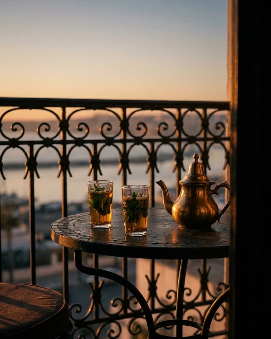 Détail de la Junior Suite : deux verres de thé sur une table de fer forgé au balcon.