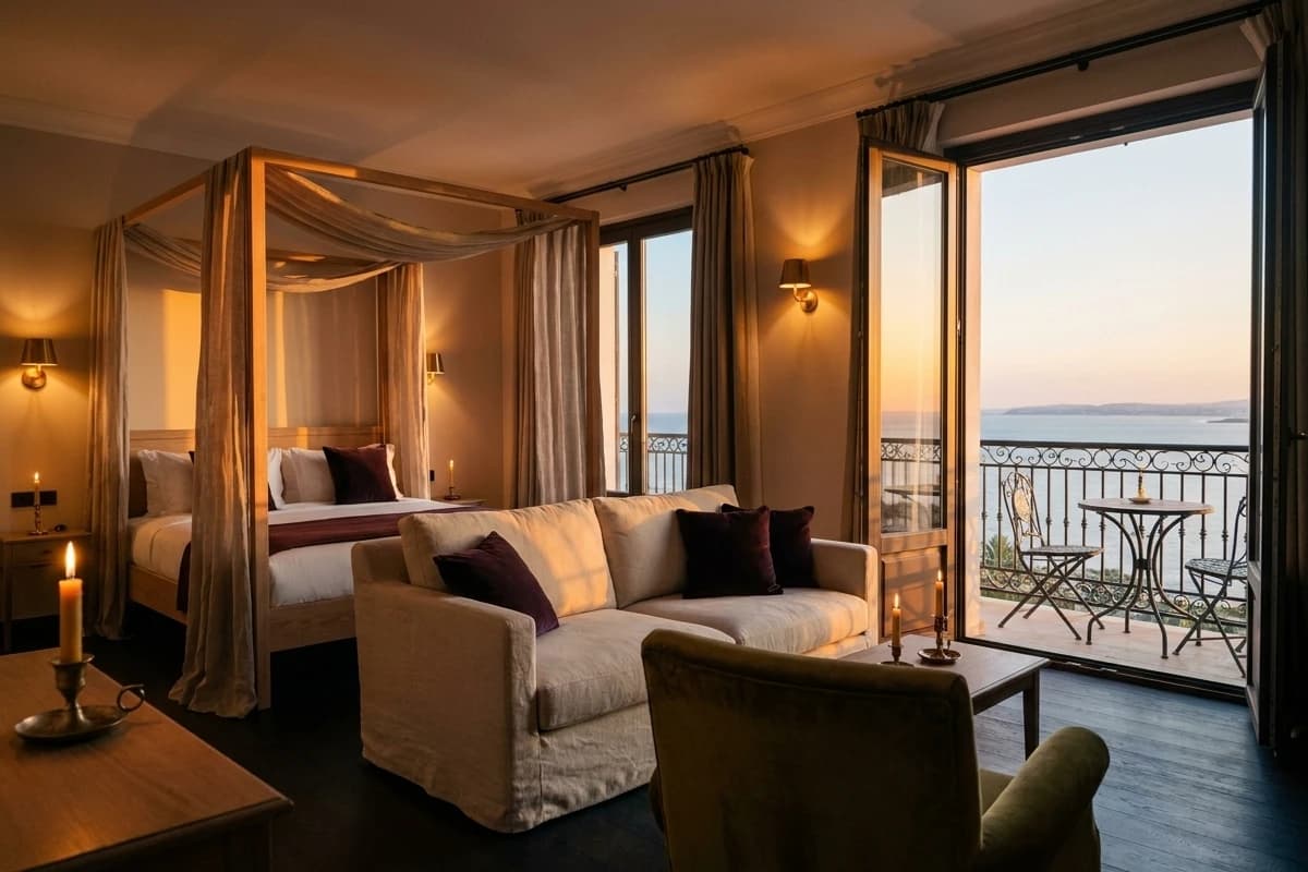 La Junior Suite Balcon : un salon, un lit à baldaquin léger et le balcon de fer forgé sur la baie.