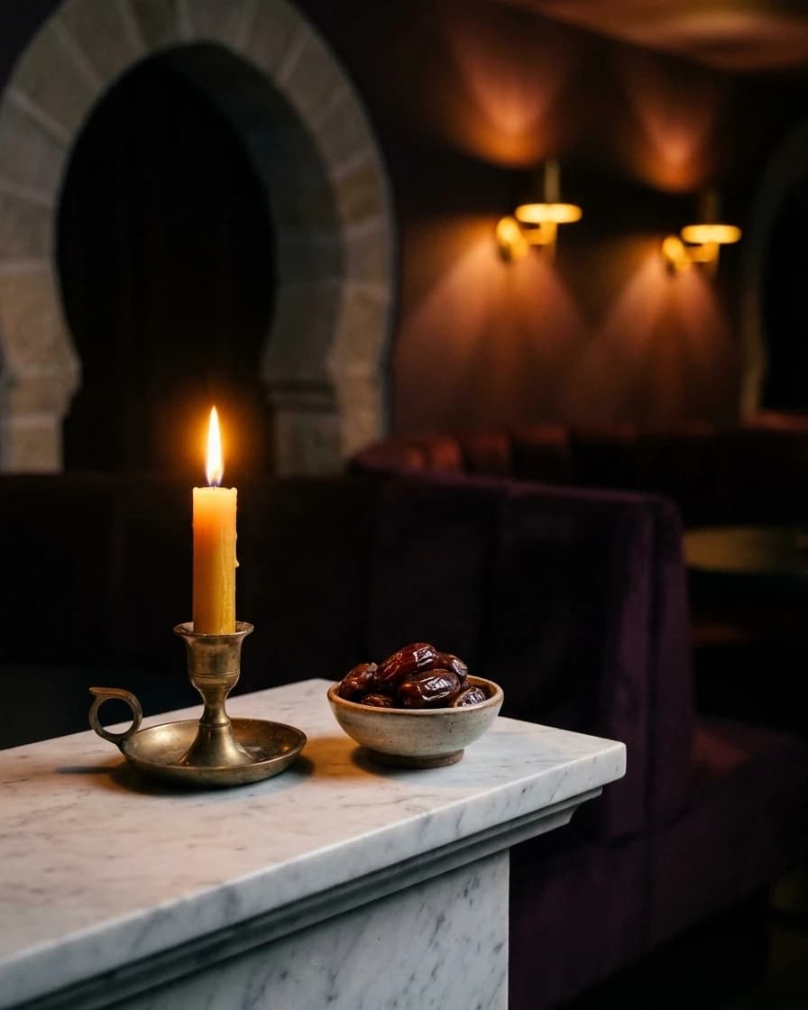 Détail de la Suite Dar Chemâa : une bougie allumée sur la cheminée de marbre.