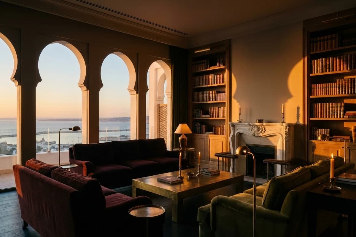 La Suite Dar Chemâa, au dernier étage : toute la baie derrière les arcades, salon, cheminée et bibliothèque.