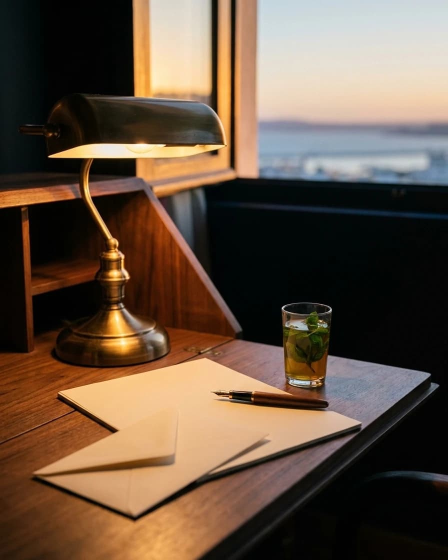 Détail de la Chambre Supérieure : bureau de noyer, lampe de laiton et papier à lettres vierge.