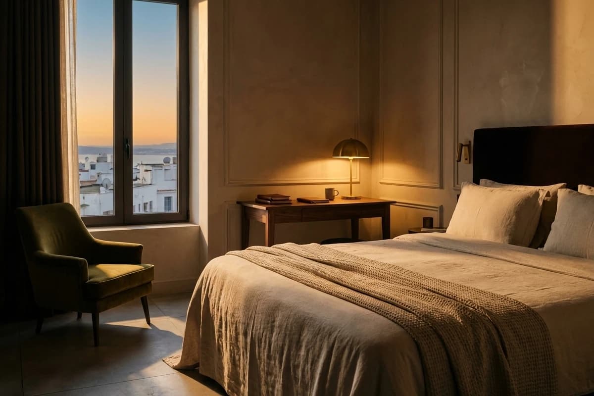La Chambre Supérieure : fauteuil de velours olive, bureau et vue sur les toits d’El Biar.