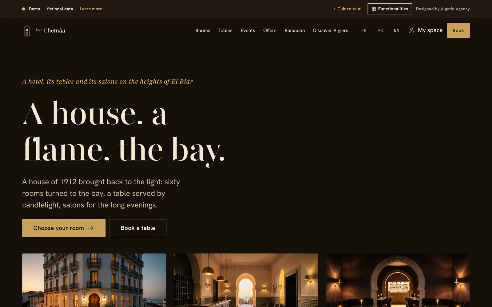Dar Chemâa’s home page with its title and the façade at night.