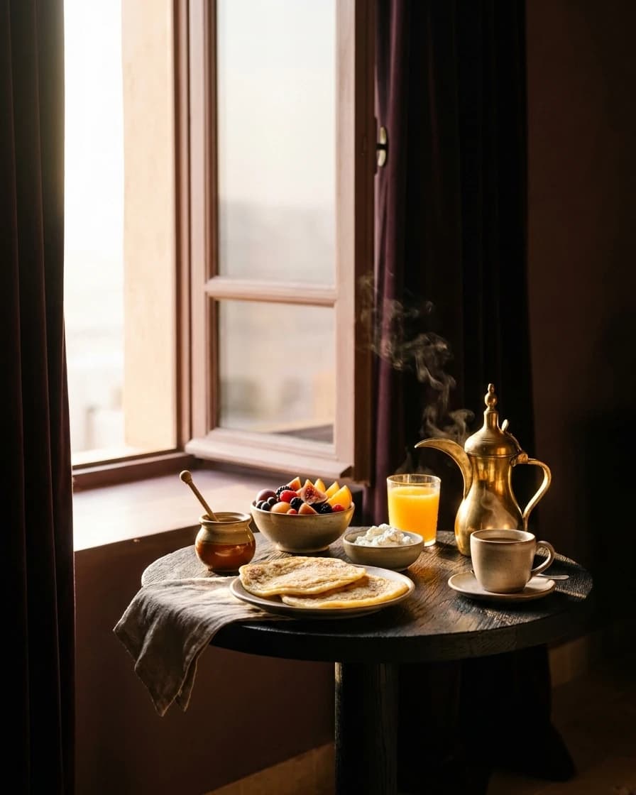 Le petit-déjeuner servi en chambre sur une table près de la fenêtre ouverte sur la baie.
