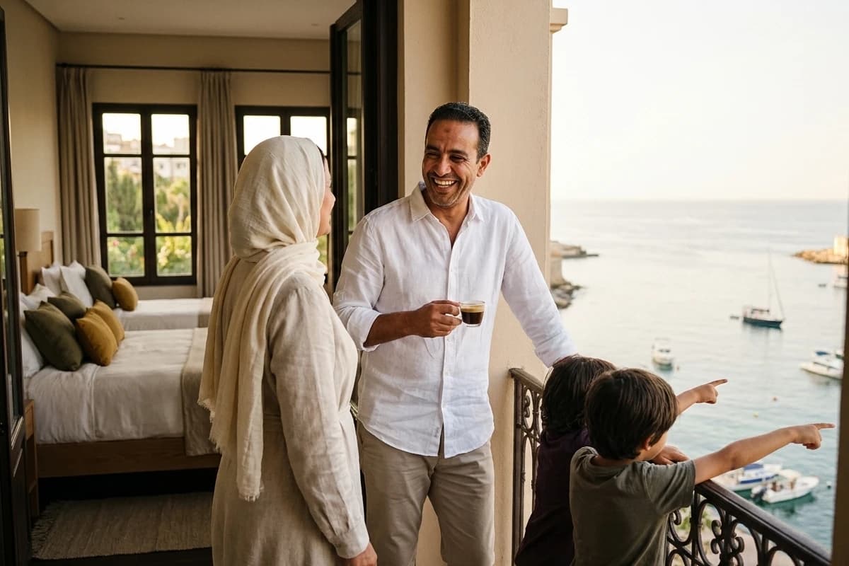 Samir et sa femme sur le balcon d’une chambre famille, leurs deux enfants de dos regardant la mer.