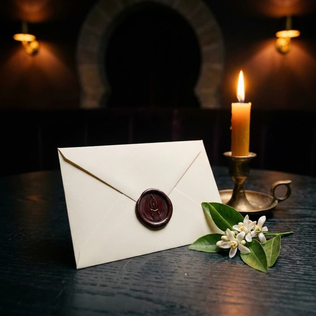 Une carte-cadeau dans une enveloppe de papier épais scellée de cire, à côté d’une bougie.