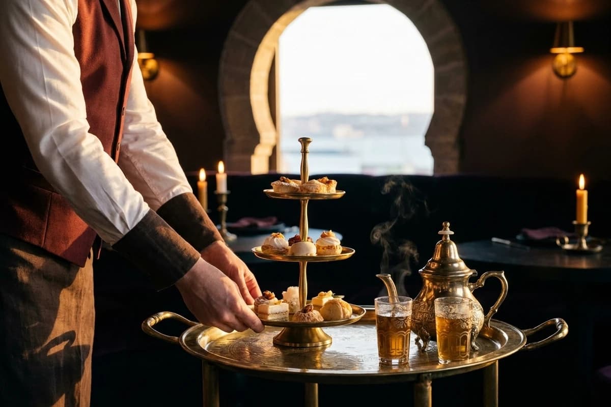 Le service du thé de l’après-midi : une main pose l’étagère de douceurs sur la table de cuivre.