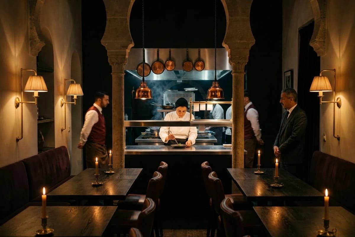 La table du chef, huit places face au passe, où la cheffe Nawel dresse une assiette sous le regard de Hocine.