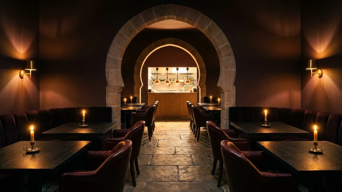 La salle de Chemâa : arcs de pierre, chêne sombre, lampes de laiton et une bougie sur chaque table.
