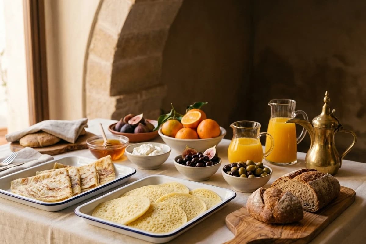 Le buffet du petit-déjeuner : msemen, miel, jben, fruits et pains sur des plats d’émail blanc.