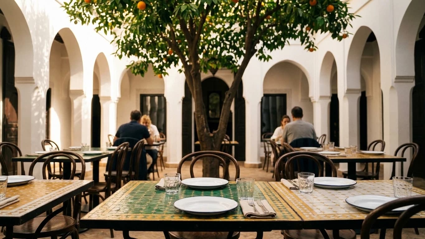 La Brasserie du Jardin sur le patio : tables de zellige, chaises de bois et l’oranger au centre.