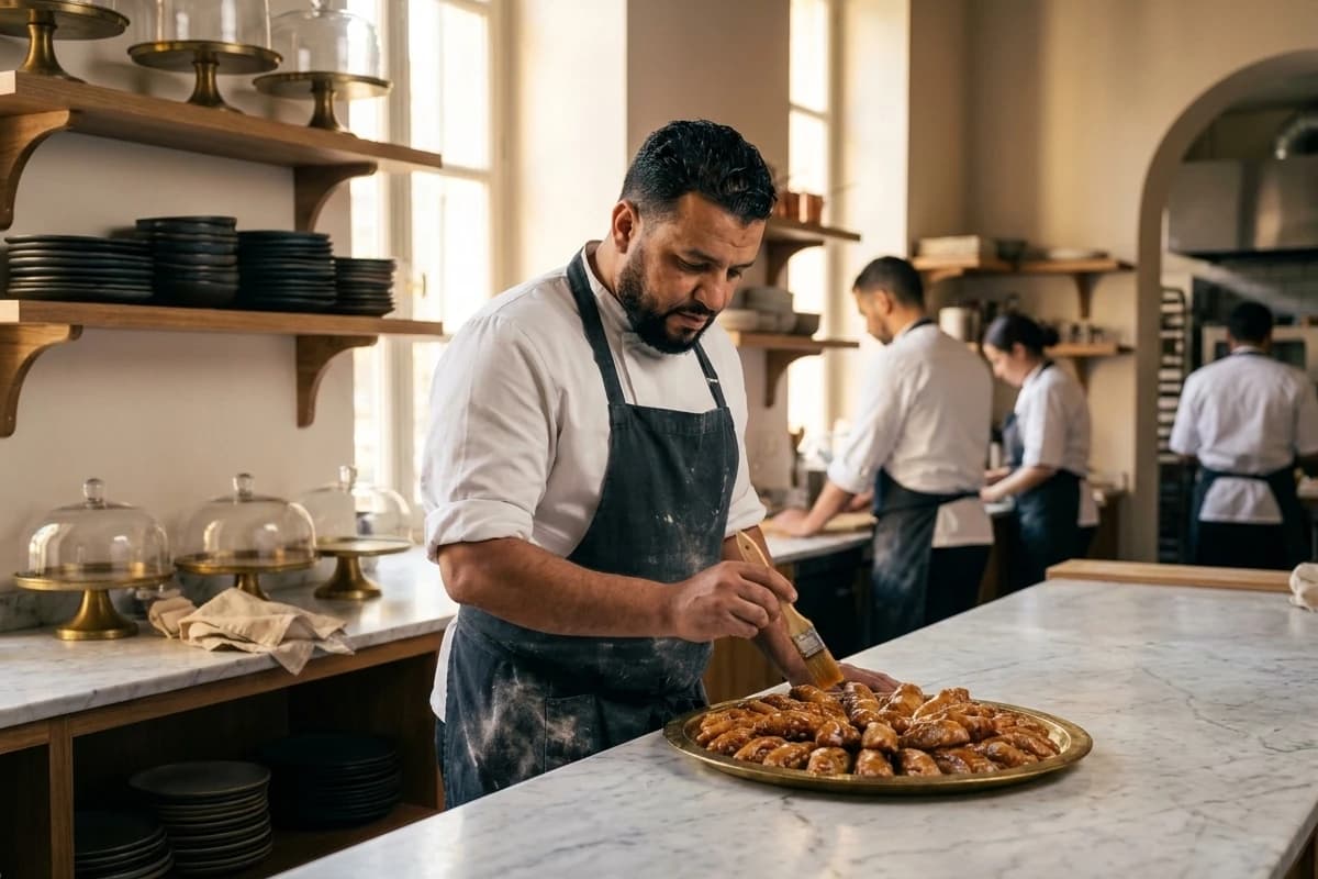 Rafik, le chef pâtissier, glace des dziriettes au miel dans l’atelier.