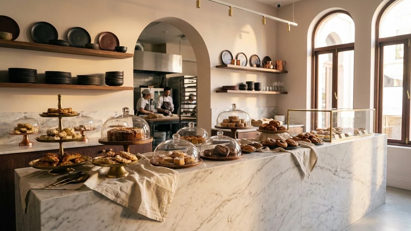 La Pâtisserie : comptoir de marbre, présentoirs de laiton et gâteaux traditionnels sous la lumière du matin.