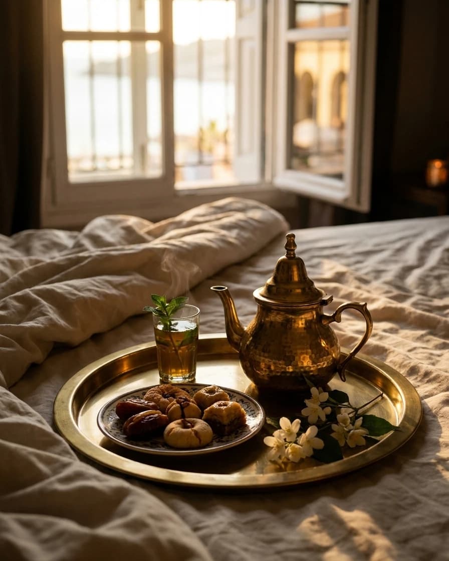Un plateau du service en chambre posé sur le lit, thé et douceurs, la baie par la fenêtre.