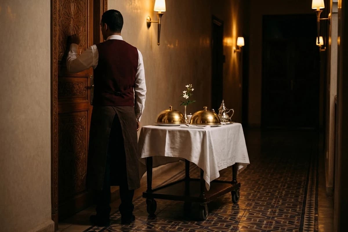 Le chariot du service en chambre devant une porte, nappe blanche et cloches de laiton.