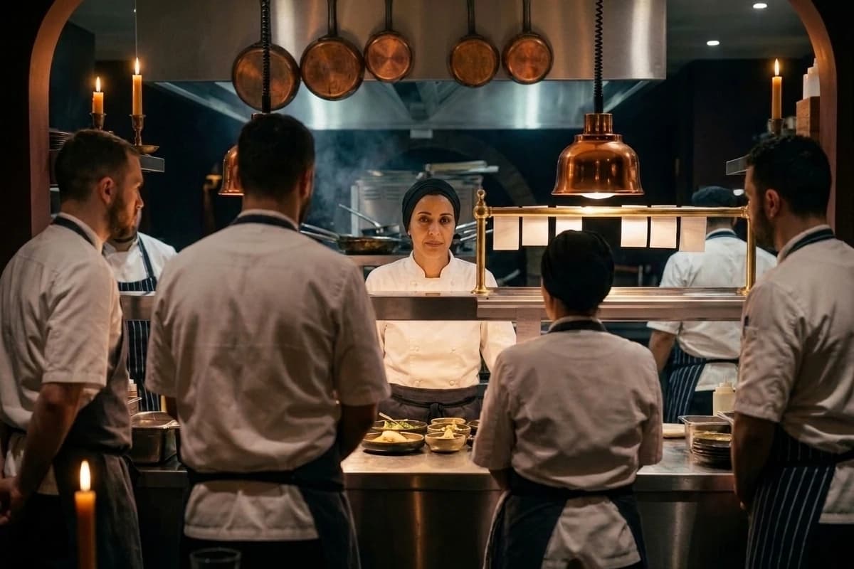Avant le service, la cheffe Nawel réunit sa brigade autour du passe.