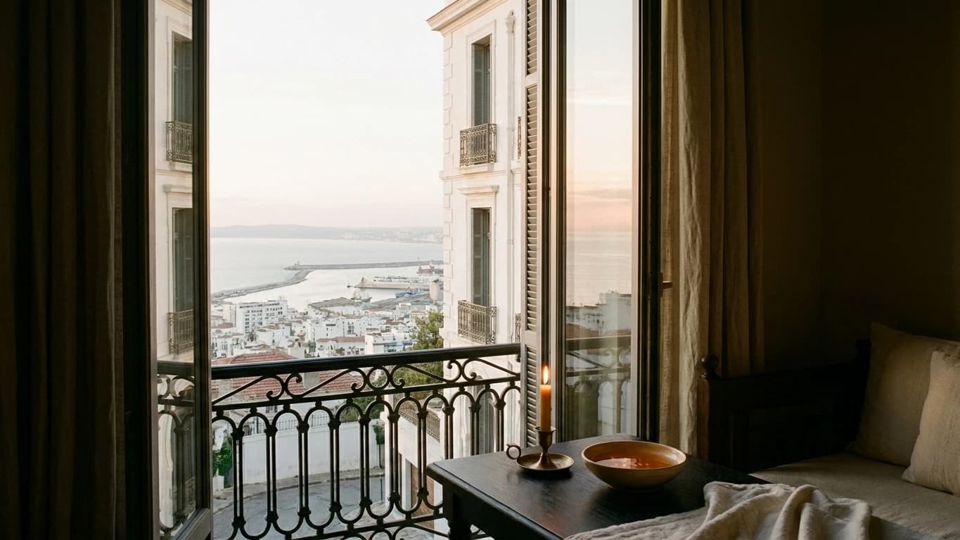Vue sur la baie d’Alger, le matin, la mer argentée.