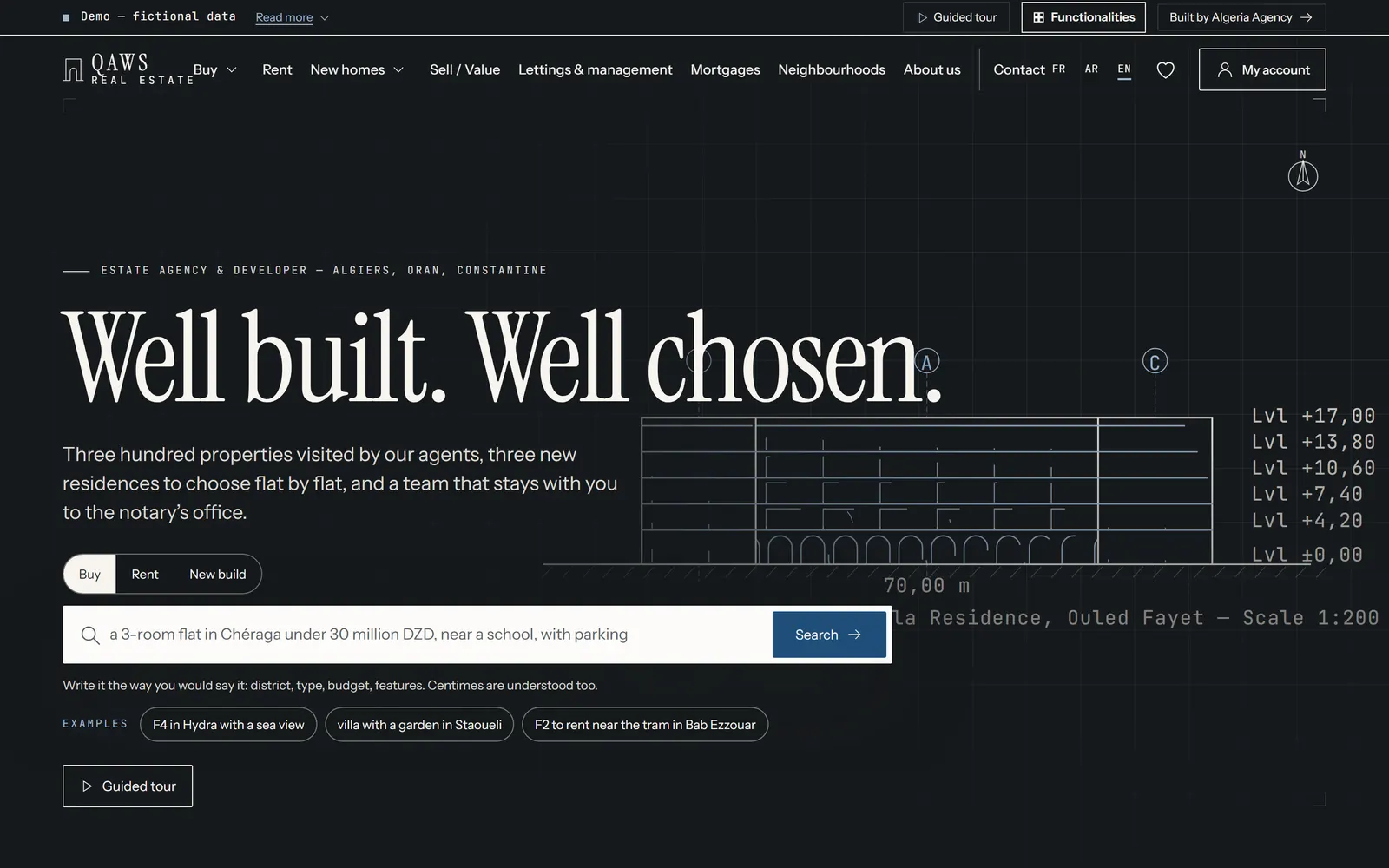Dark Qaws Real Estate homepage with its headline, a line drawing of a building and the search bar.