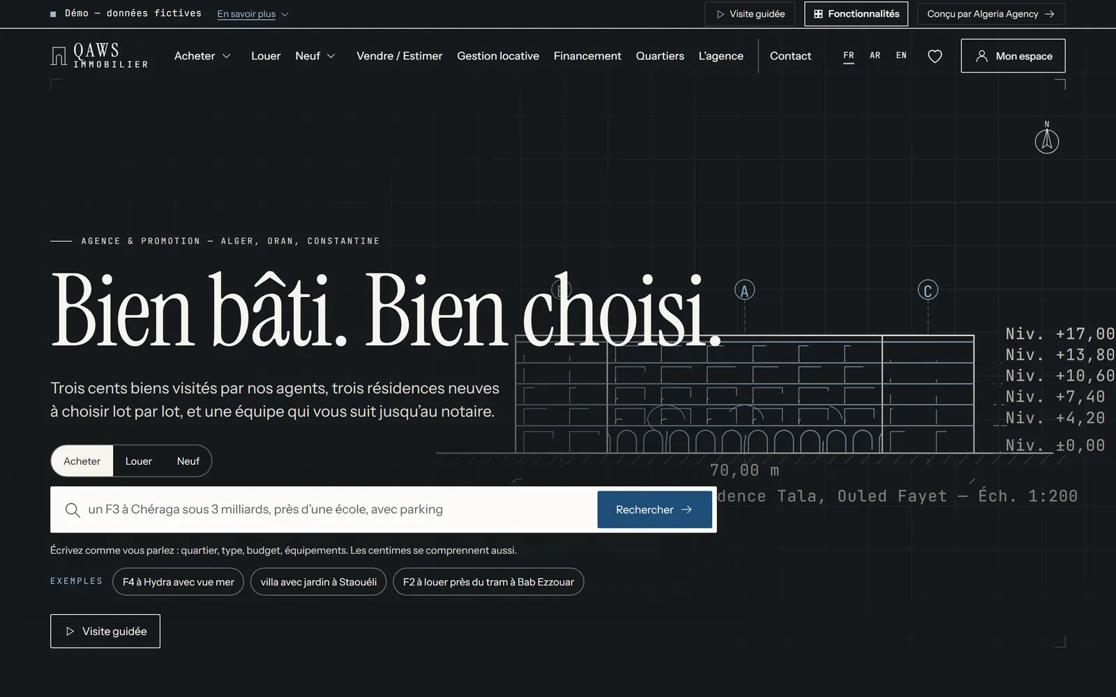 Page d’accueil sombre de Qaws Immobilier, son titre « Bien bâti. Bien choisi. », un dessin d’immeuble et la barre de recherche.