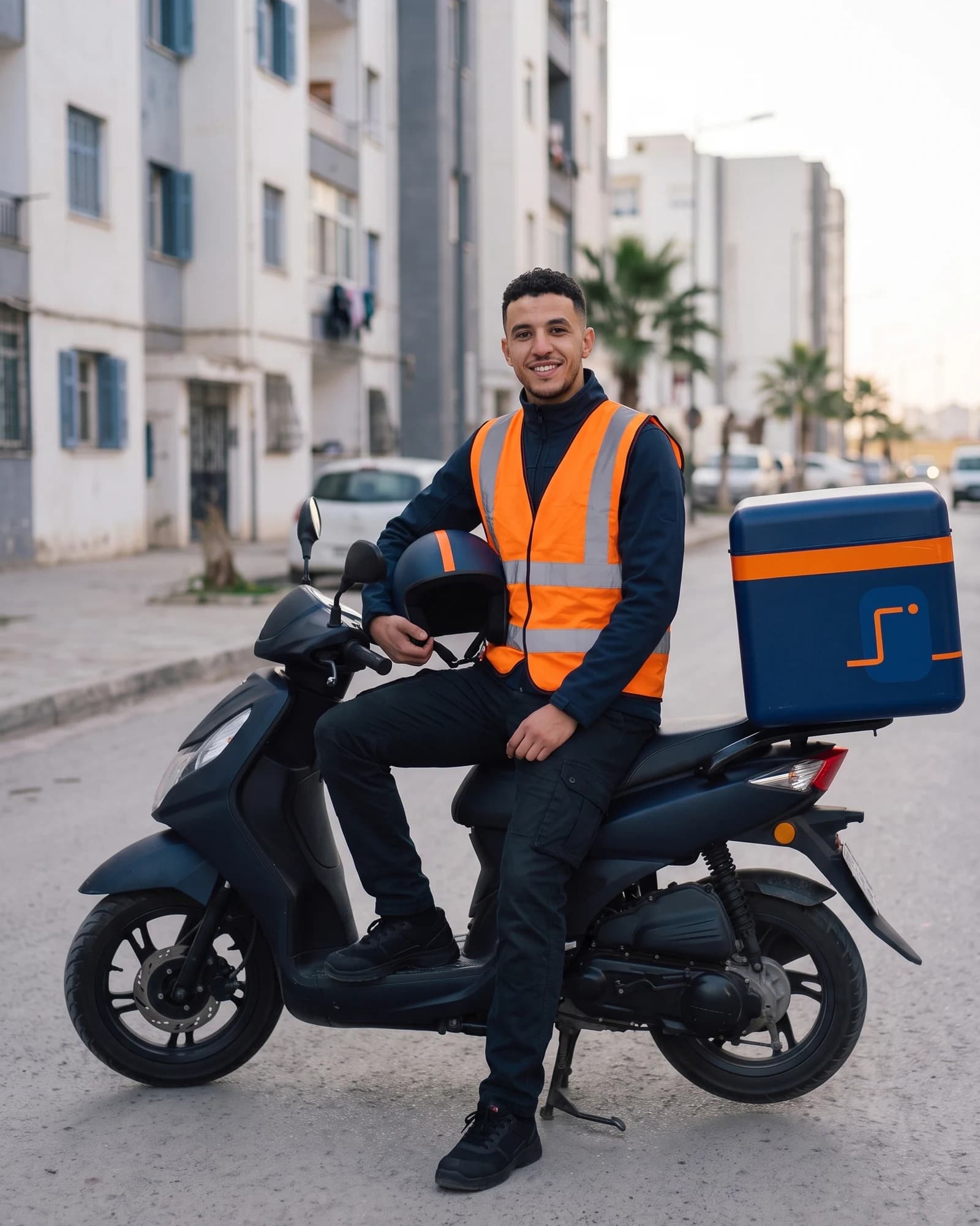 Amine assis sur son scooter dans une rue d’Alger, souriant (personnage fictif).