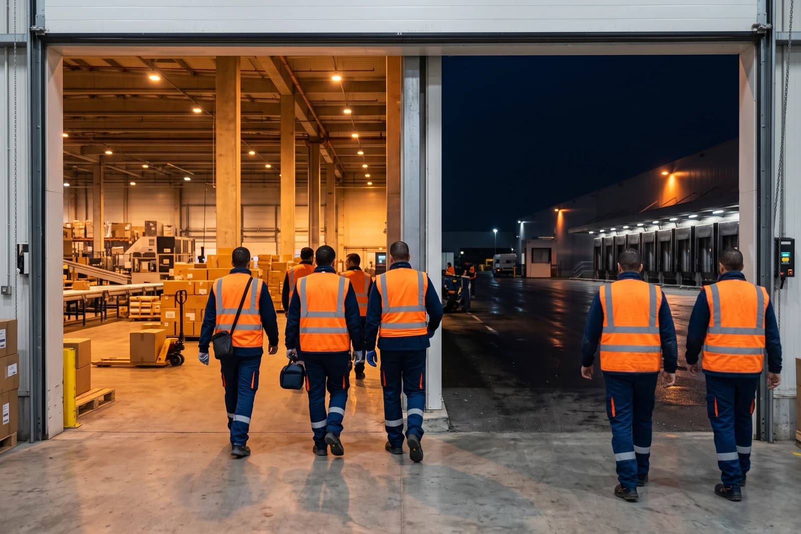 Changement d’équipe au hub de Rouiba la nuit, des agents en gilet orange franchissent le portail.