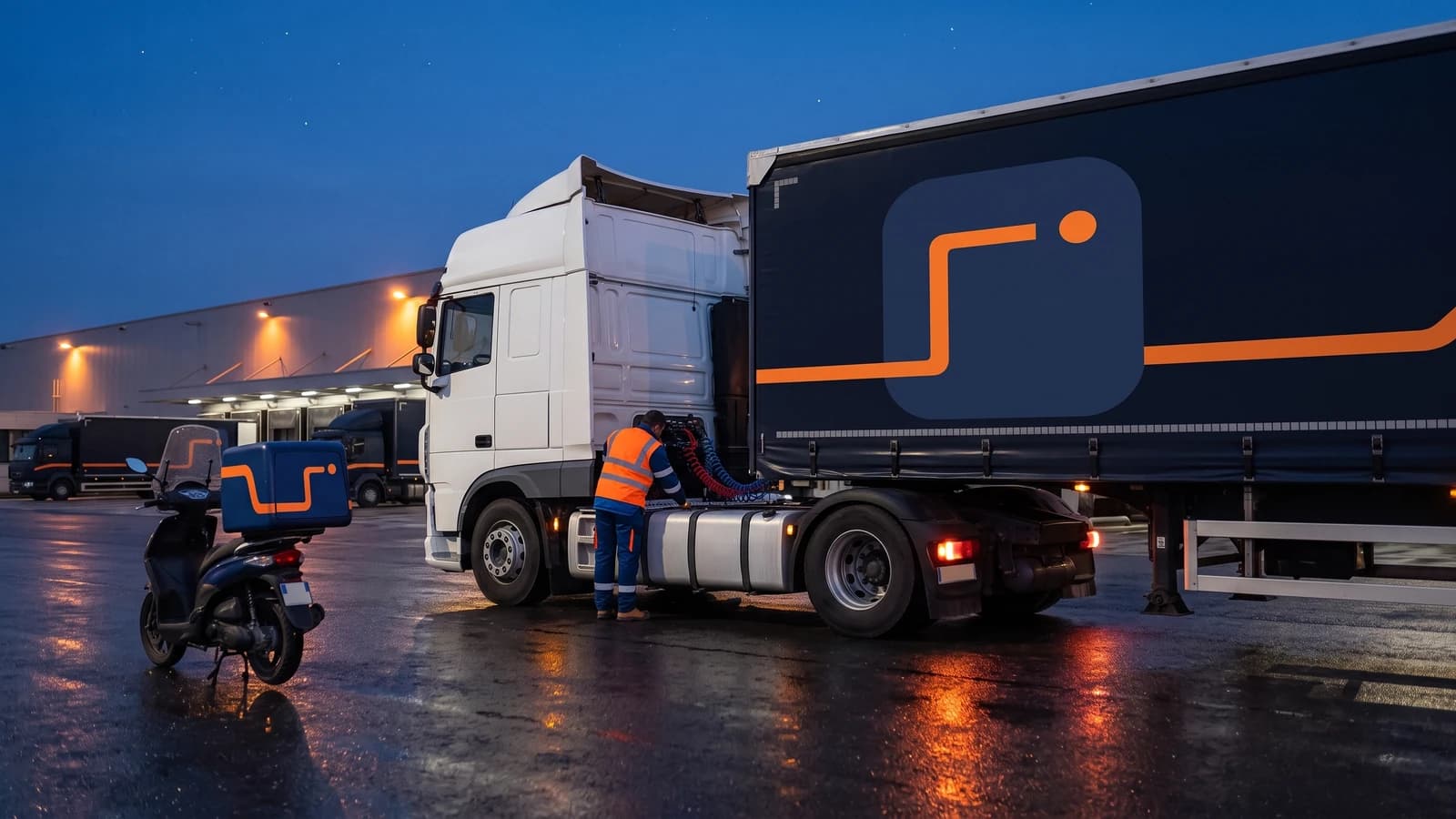 Le tracteur blanc d’un transporteur partenaire attelé à une remorque bleu nuit à bande orange.