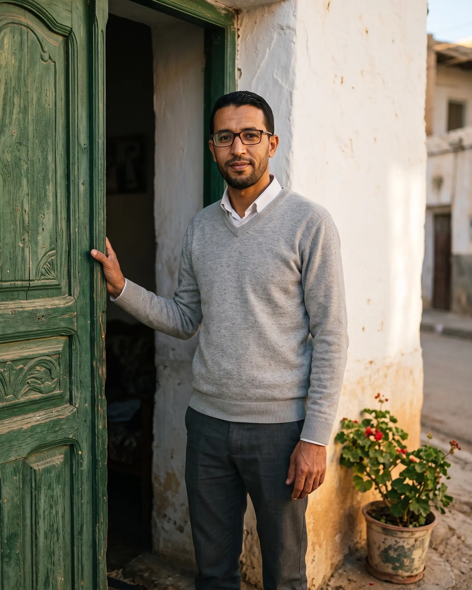 Abdelhak Dendani, enseignant à Bou Saâda, sur le pas de sa porte (personnage fictif).