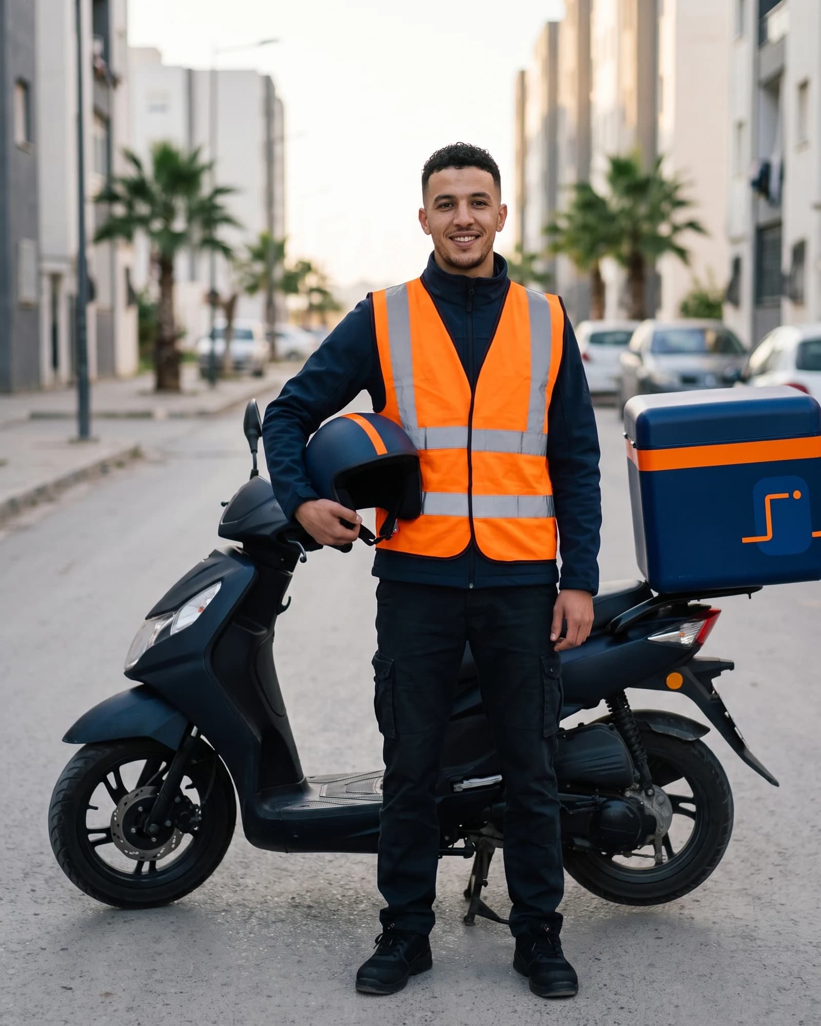 Amine Lahrech, livreur à scooter à Alger, casque à la main (personnage fictif).