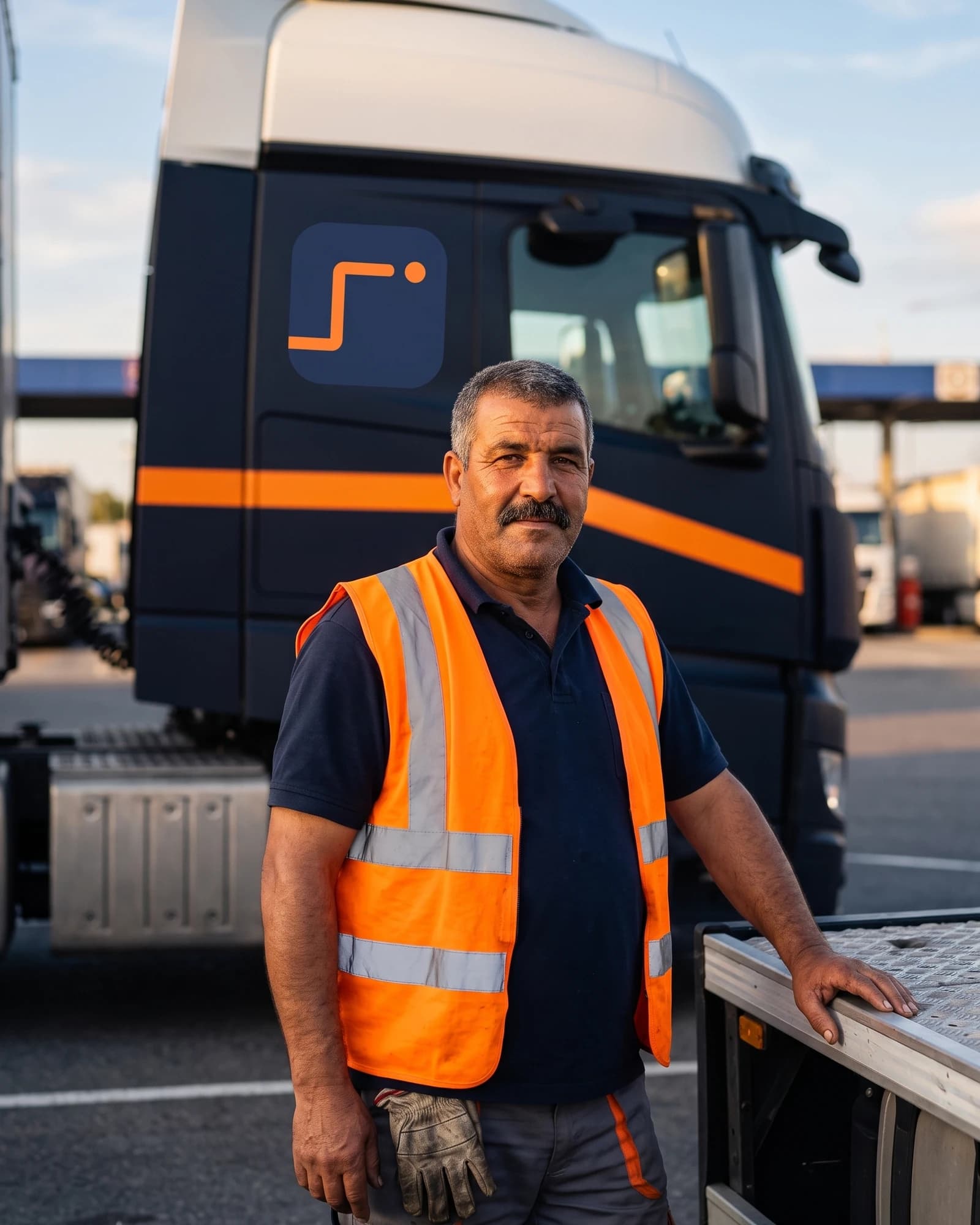 Lakhdar Saadna, chauffeur grand routier, devant la cabine de son tracteur (personnage fictif).