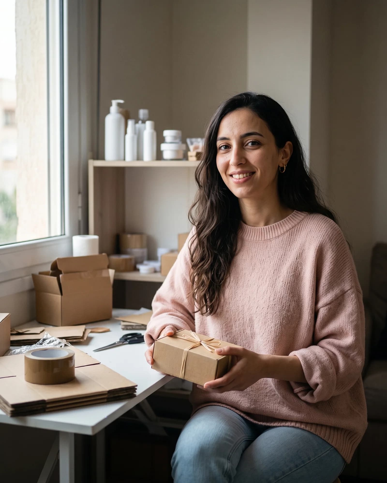 Rania Kerrouche, vendeuse de cosmétiques en ligne, à sa table d’emballage (personnage fictif).