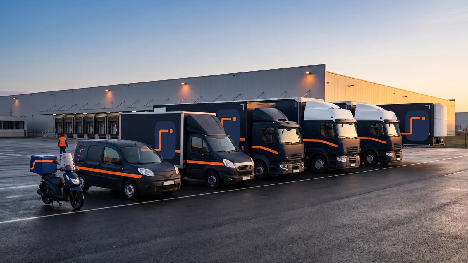 La flotte alignée à l’aube : scooter, fourgon, porteurs de 3,5 t et 10 t, semi-remorque et semi frigorifique, bleu nuit à bande orange.