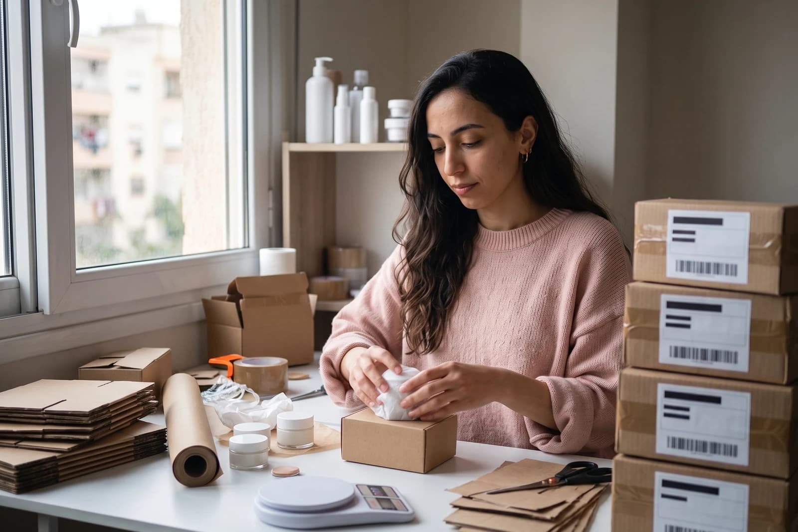 Rania emballe ses commandes chez elle, une pile de colis étiquetés à côté d’elle (personnage fictif).