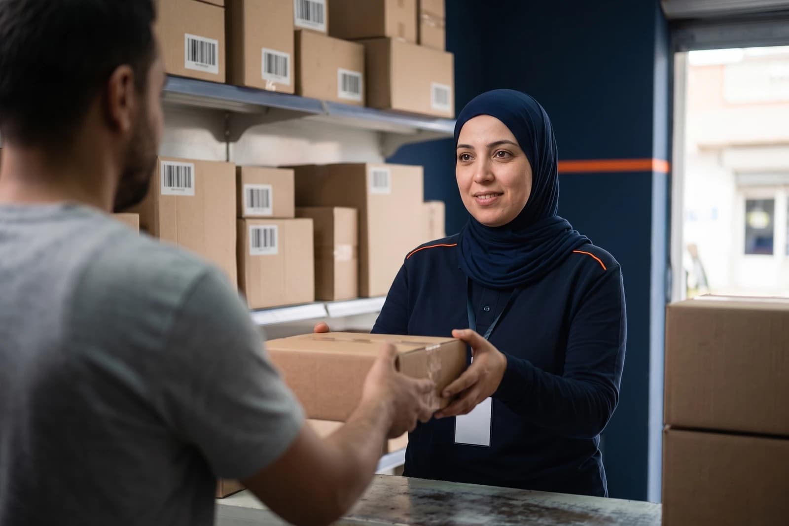Au point relais de Bou Saâda, Samia remet un colis au comptoir (personnage fictif).