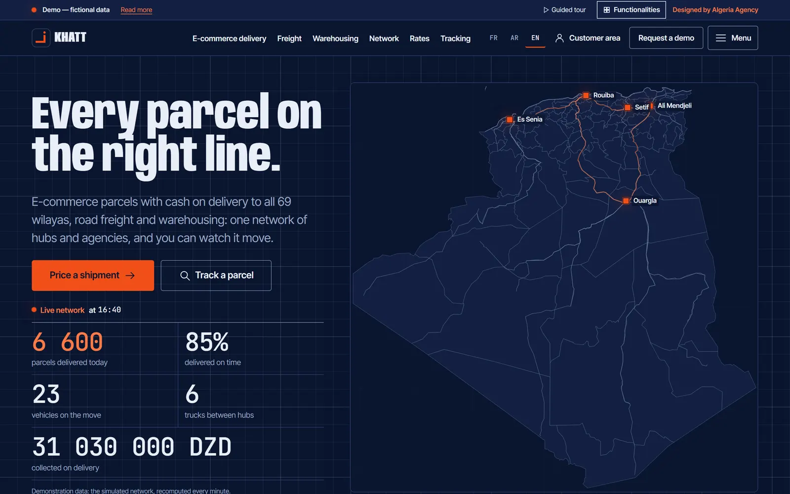 Khatt’s home page with the network map on a dark ground.