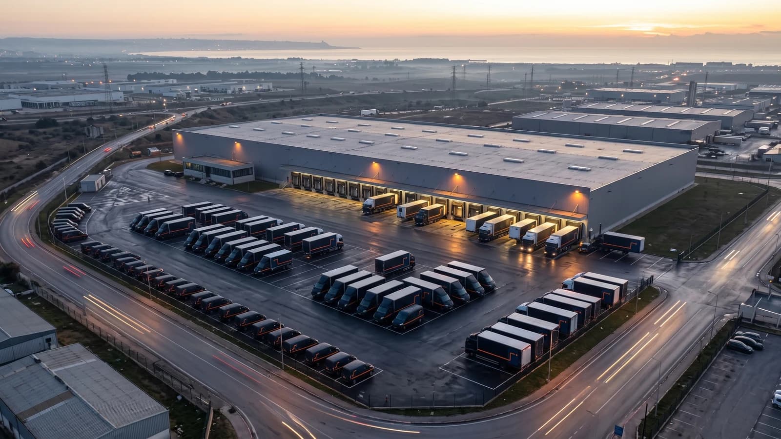 Vue aérienne du hub national à l’aube, camions alignés et la baie d’Alger à l’horizon.