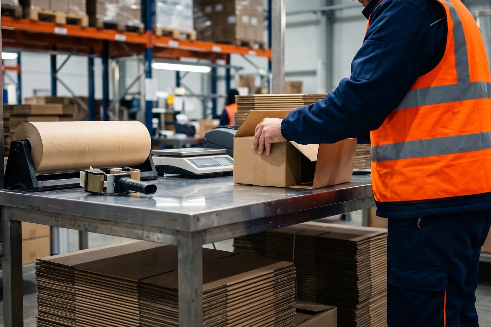 Un poste d’emballage : un colis en carton kraft, une balance et une imprimante d’étiquettes.