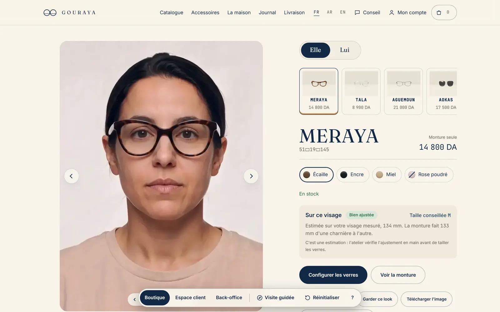 Essayage de la page d’accueil d’Optique Gouraya avec un modèle portant une monture, le choix des montures et des coloris.