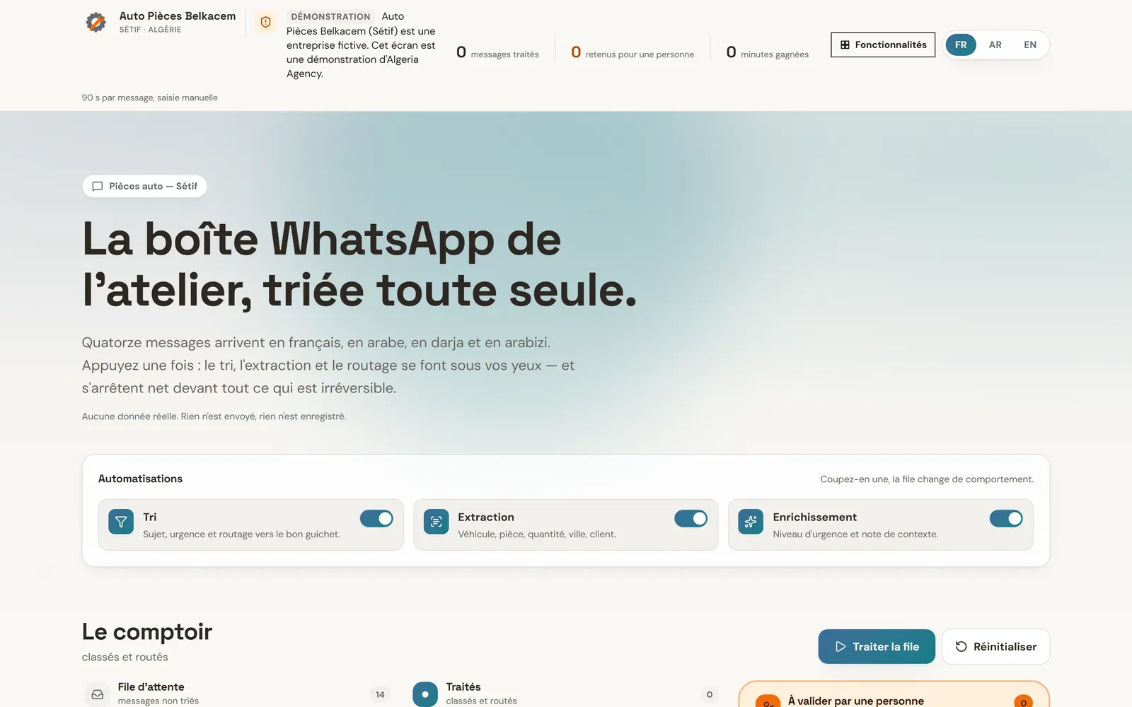 Page d’accueil d’Auto Pièces Belkacem avec le titre, les compteurs à zéro et les trois interrupteurs d’automatisation.