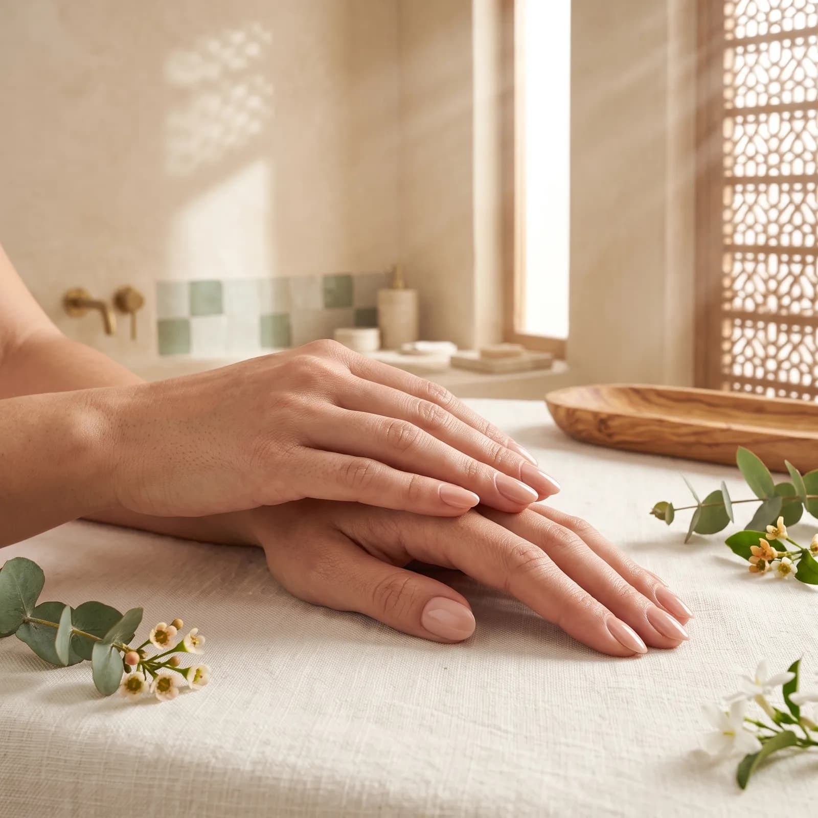 Les mêmes mains, ongles limés et vernis nude, après la manucure