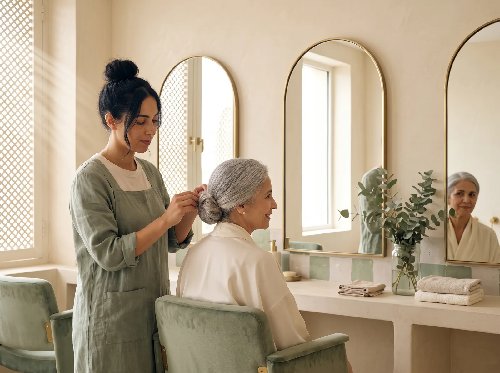 Imène coiffe Houria dans le studio de coiffure aux miroirs en arche
