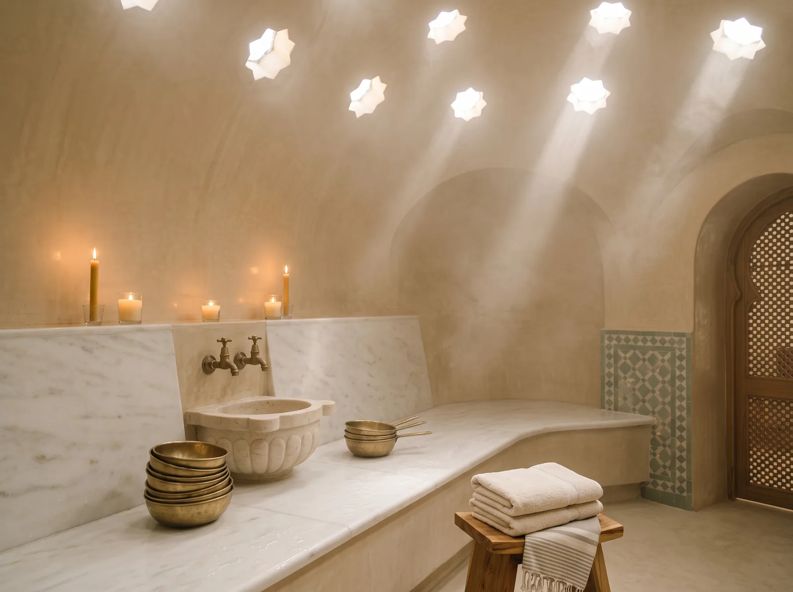 Le hammam, coupole en tadelakt et rais de lumière dans la vapeur