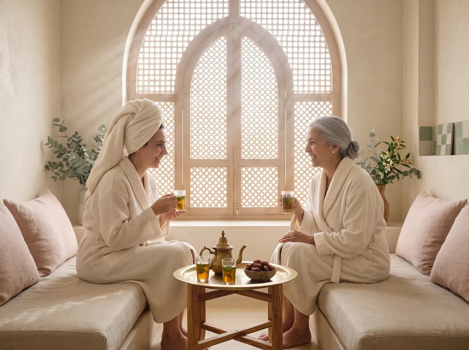Deux clientes en peignoir partagent un thé à la menthe après le hammam