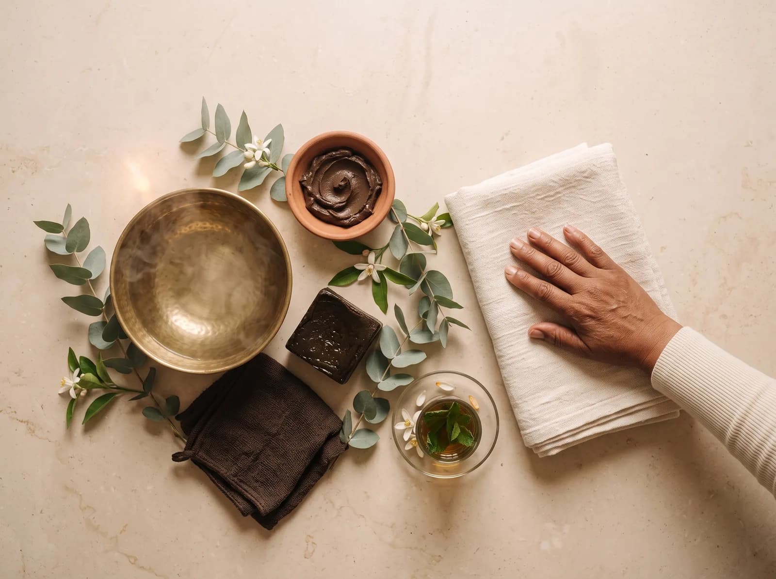 Les essentiels du hammam : tassa en laiton, savon beldi, gant de kessa et ghassoul