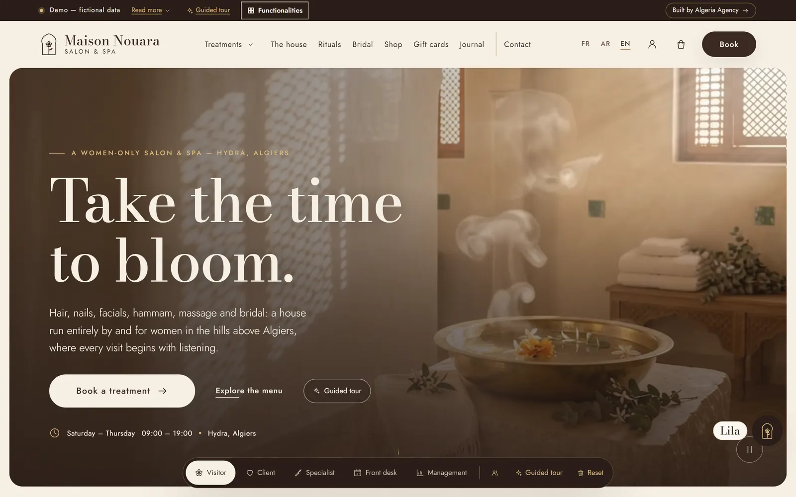 Maison Nouara homepage: a large headline over a hammam photograph, booking buttons and the role bar along the bottom.
