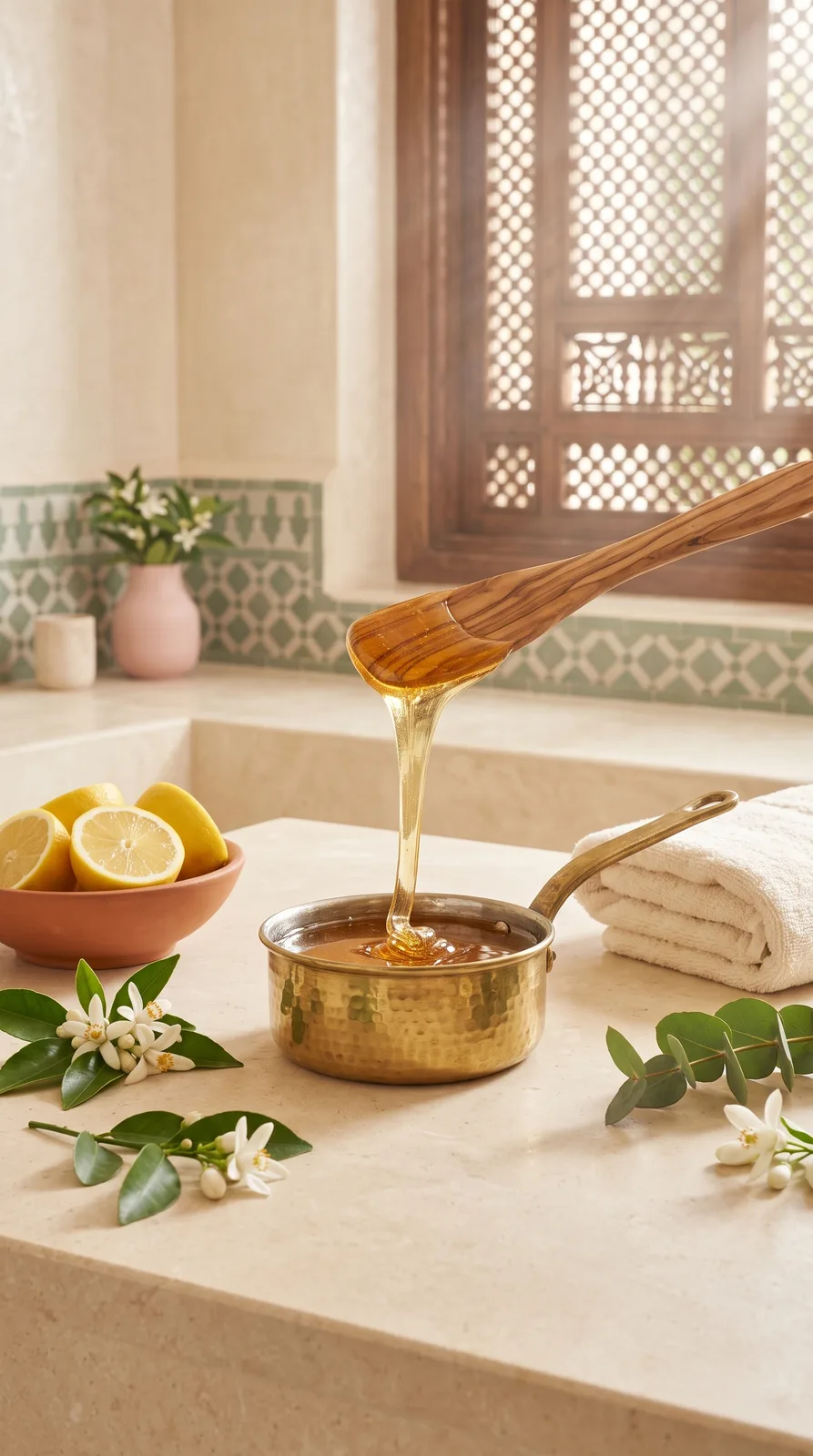 Pâte orientale au sucre (halawa), chauffée dans un pot en laiton