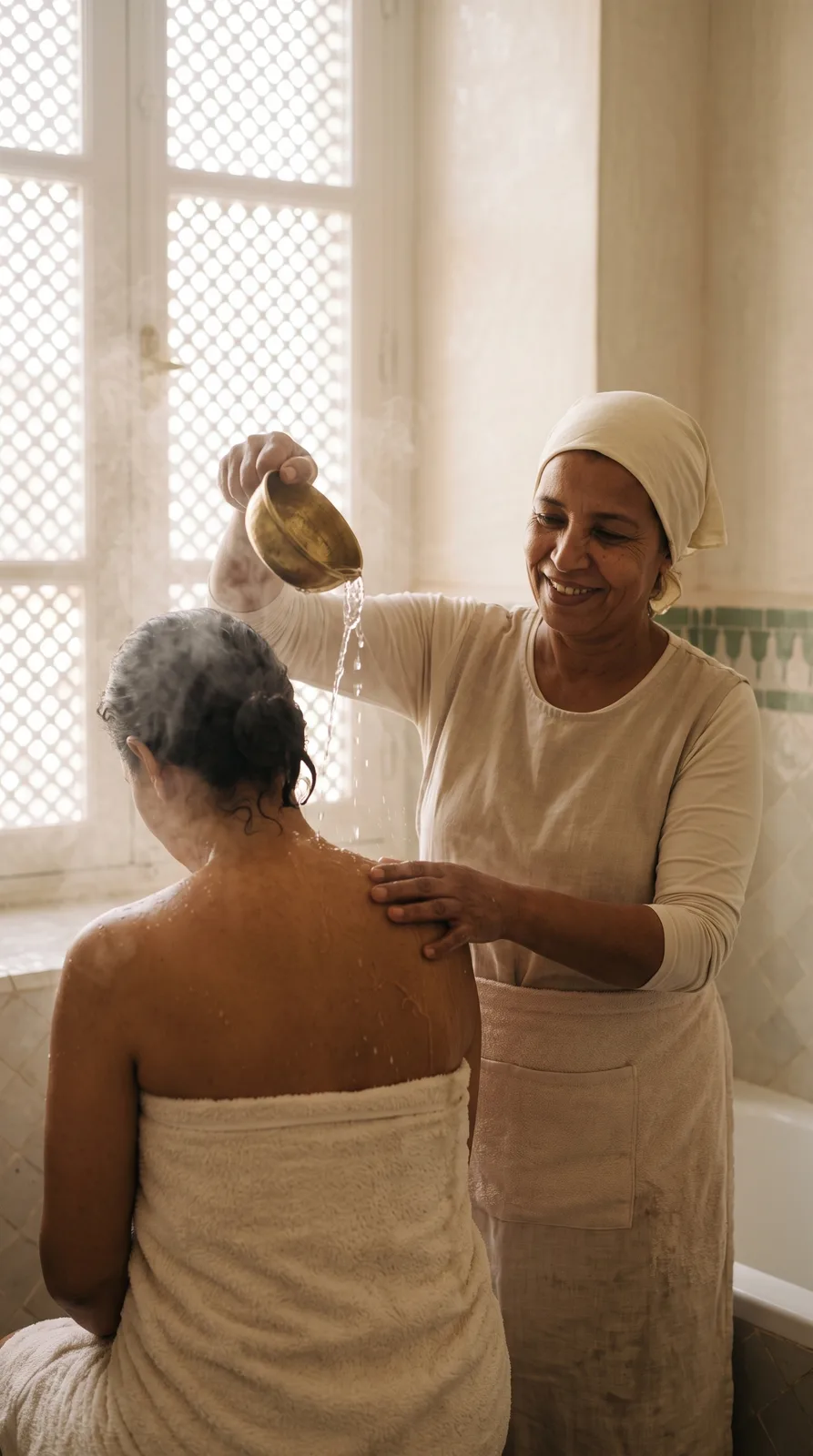 Au hammam, l’eau tiède versée à la tassa