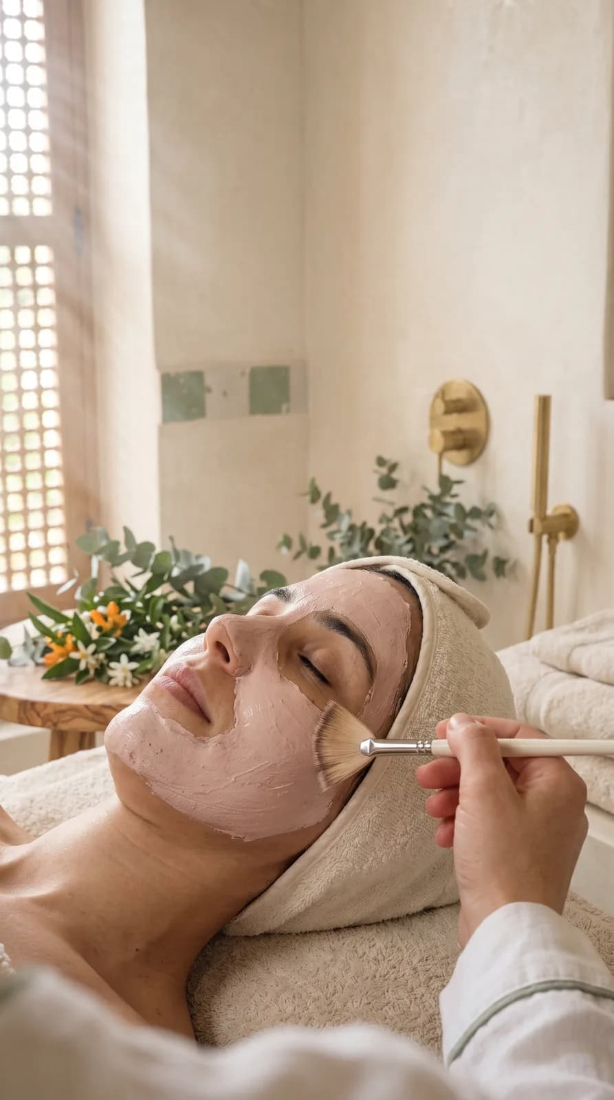 Soin du visage : application d’un masque à l’argile rose
