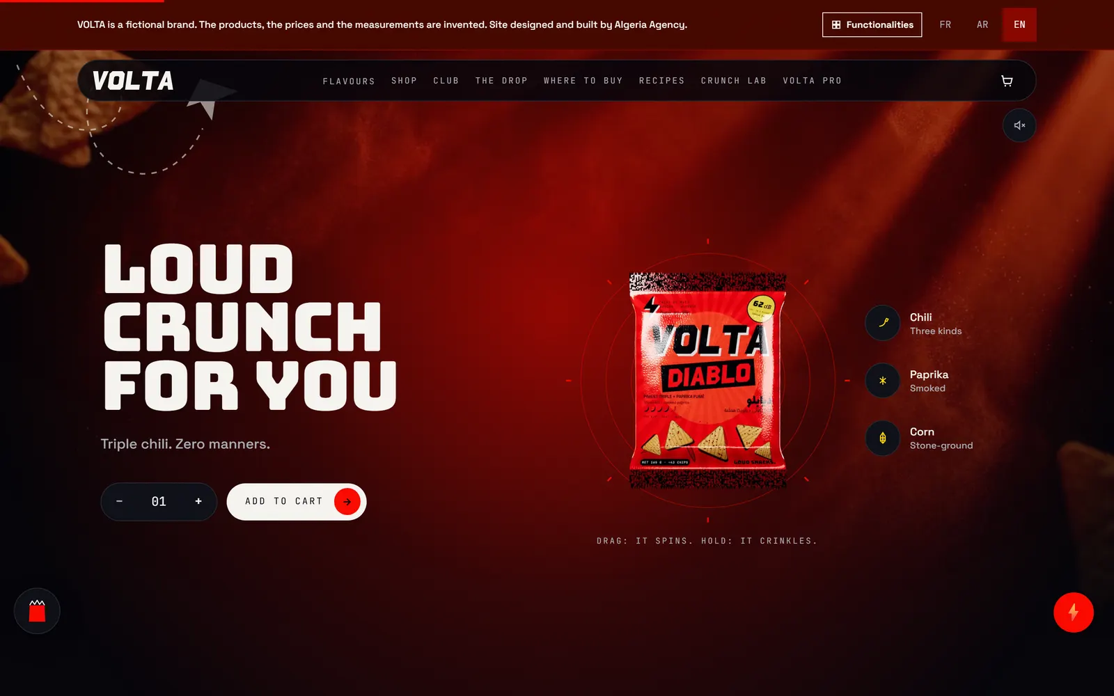 The VOLTA homepage with the headline “Loud crunch for you”, the red Diablo bag in the centre and the add-to-basket button.