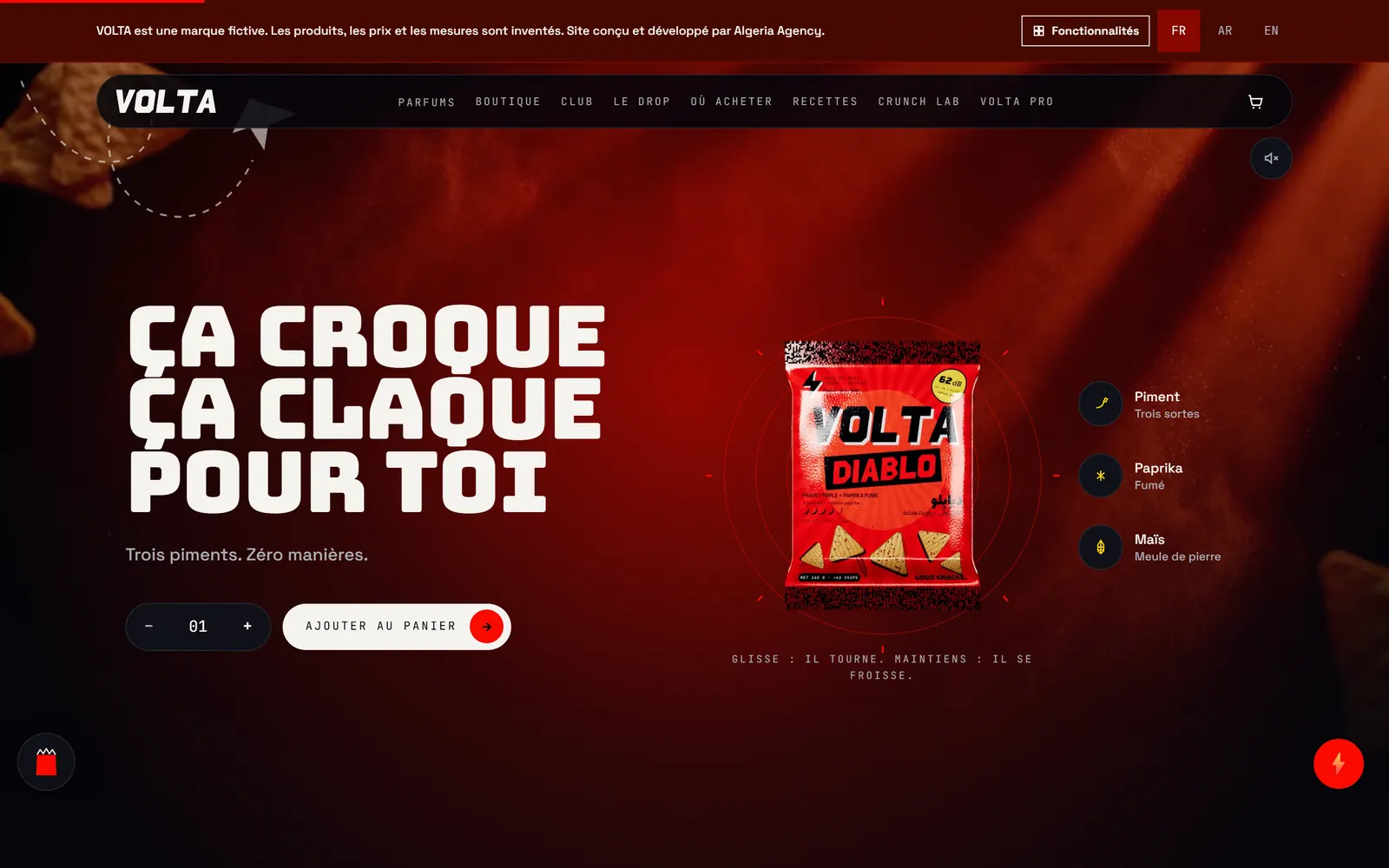 Accueil de VOLTA avec le titre « Ça croque ça claque pour toi », le sachet rouge Diablo au centre et le bouton d’ajout au panier.