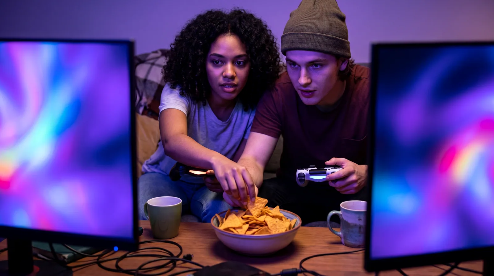 Tard le soir, deux amis manette en main dans la lumière violette de deux écrans ; une main pioche dans un bol de chips posé entre eux.